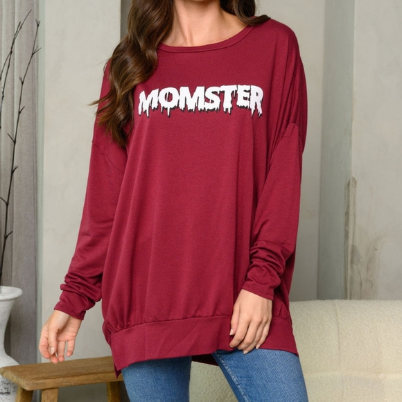 Women's Long Sleeves Graphic Sweater|Sizes Small Medium Large| Color Burgundy - Picture 8 of 8